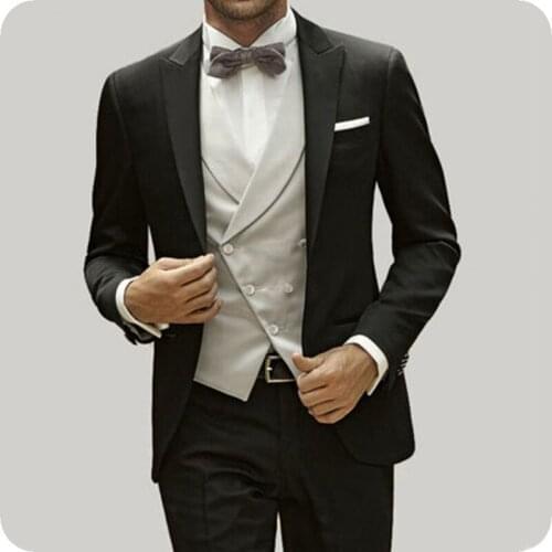 Classic Black Men Suits for Wedding Double Breasted Vest Slim Fit Groom Tuxedo Terno Masculino Vintage Costume Homme 3Piece