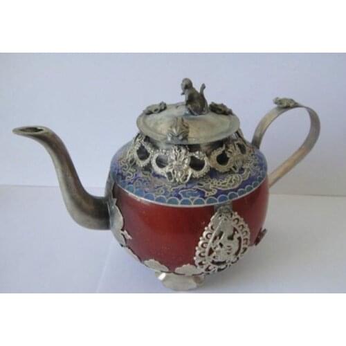 Collectible Decorated Old Handwork Jade & Tibetan Silver Dragon Tea Pot Monkey Lid