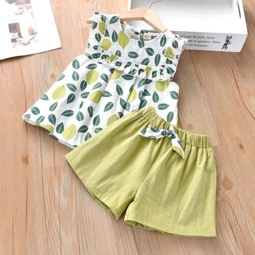Girls Summer Clothes Pure Cotton Vest + Shorts 2 Pieces Set Leaf Printing Green Pink Color Baby Costume