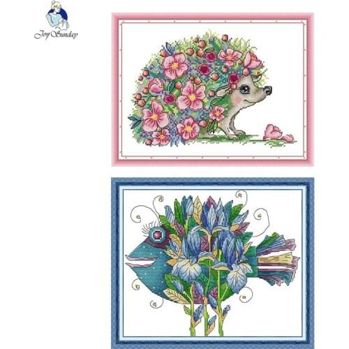 Beautiful hedgehog and fish counted and stamped cross stitch kit Aida 14ct 11ct embroidery set DIY handmade needlework crafts