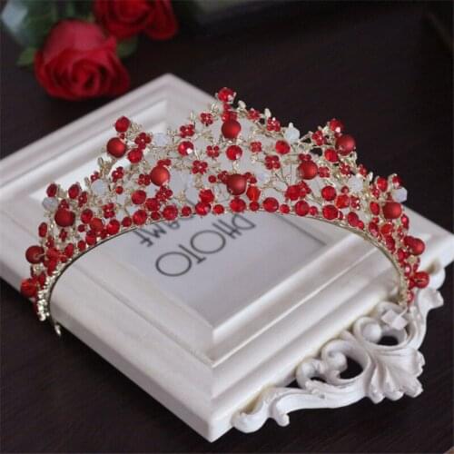 Red Wedding Crown Gold Royal Bridal Tiara Queen Bride Crown And Earring Pageant Baroque Headband Princess Hair Jewelry Ornament