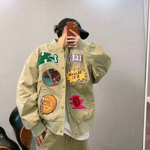 Fashion Mens Casual Long Sleeve Jacket Appliques Decoration New Loose Outwear Black Army Green