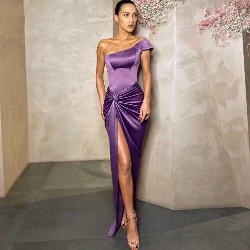 Lavender Mermaid Evening Dresses Long 2021 Pleated One Shoulder Elegant Prom Gown Side Slit Party Dress Satin vestidos de fiesta