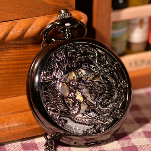 Hot Selling Fathers Day Hollowed Black Dragon Mechanical Pocket Watch Vintage Hand Wind Pocket Watch Wholesale