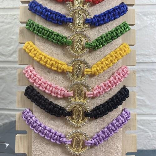 Hot Virgin Mary Charm Braided Rope Bracelet Women Fashion Hand Woven Copper Plated Gold Zircon Girl Jewelry