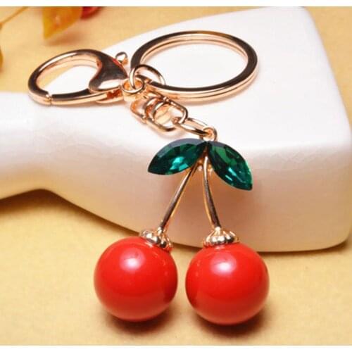 Cute Rhinestone Cherry Pendant Alloy Key Ring with Charm Bag Key Chain Purse Keyfob Fashion Gift Coloful