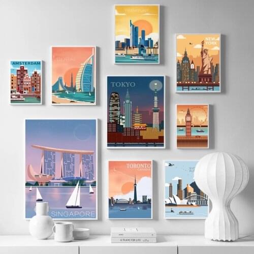 Cartoon Travel Cities Poster Tokyo Paris Chicago London Landscape Canvas Painting Anime Prints Wall Art Pictures for Home Decor