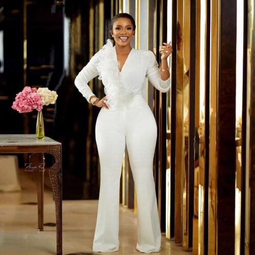 Solid Mother of the Bride Pantssuit Sexy V Neck Long Sleeve Ruffle High Waist Pant Suits Outsuit Jumpsuits Plus Size Plus Size