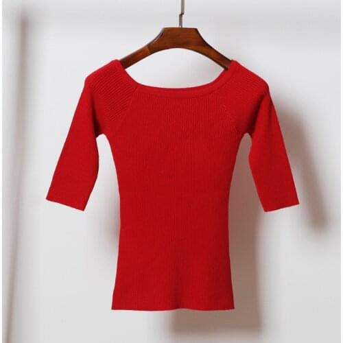 Queechalle 2020 Autumn Pullovers Womens Sexy Slash neck Half Sleeve Solid Slim Knitted Sweater M - XXL Size Ladys Tops Green