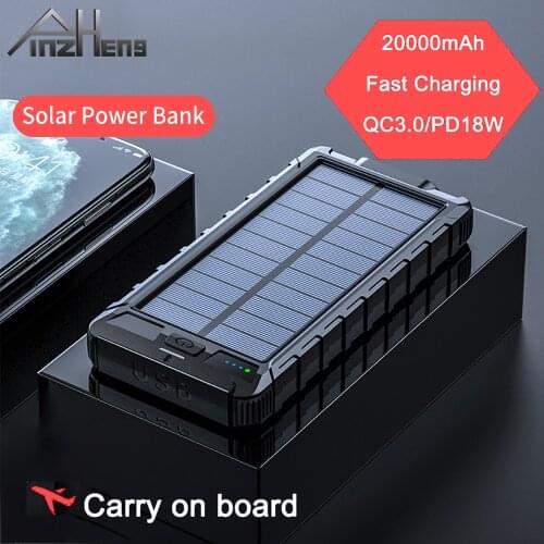 PINZHENG 20000mAh Solar Power Bank For iPhone Samsung Xiaomi Charger Portable PD 3.0 Fast Charging External Battery Power Bank