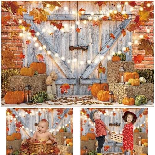Pumpkin Backdrops Photography Autumn Maple Leaves Wood Door Newborn Baby Shower Party Farm Warehouse Thanksgiving Background