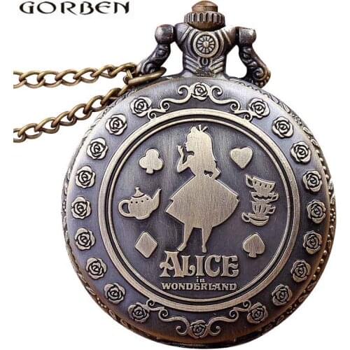 Vintage Anime Alice in Wonderland Bronze Quartz Pocket Watch Necklace Retro Fob Chain Clock Pendant Cute Gift For Women Girls