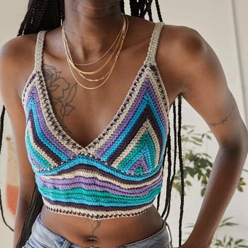 Y2K Bohemian Vintage Knitted Cami Top Chic Women Sleevless V-neck Backless Crop Mini Vest Handmade Beach Style Summer Vacation