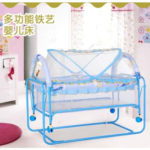 Newborn Crib Iron Bed with Roller Removable Cradle Bed Lightweight Multifunctional Crib