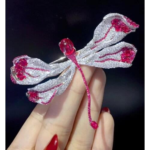 Dragonfly brooch 925 sterling silver with cubic zircon fine women jewelry free shipping red and white mix color