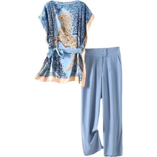 New Women Printed Two Piece Sets Short Sleeve O Neck Tops With Belt Straight Leg Pants Female Fashion Two Piece Set Suit Outfit