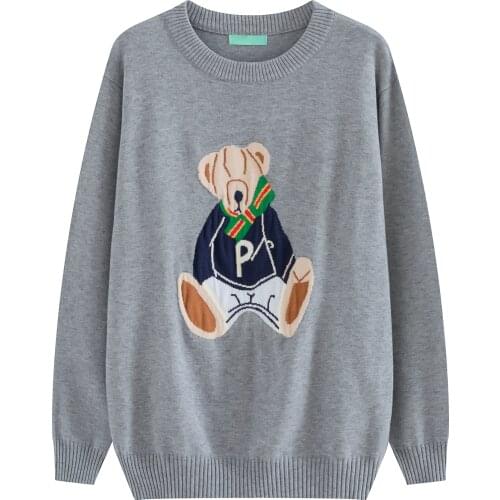 Casual 2019 New Women Knitting Tops Funny Bear Embroidered Patch Grey Loose Pullover Sweater O Neck Long Sleeve