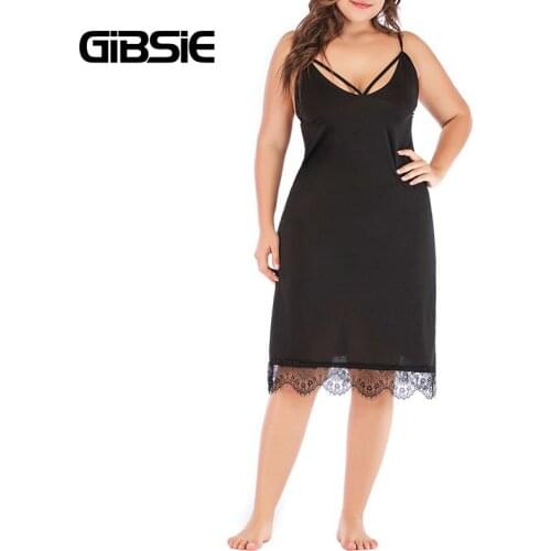 GIBSIE Plus Size Lace Trim Spaghetti Strap Night Dress Women Sexy V Neck Black White Camisolas Sleepwear Women Nightwear