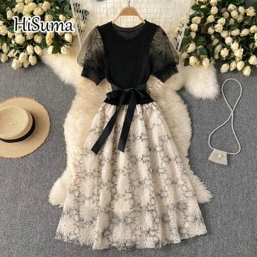 2021 summer new women o-neck puff sleeve knitted with Jacquard gauze A-line dress female Chic elegant lace-up mesh party dresses