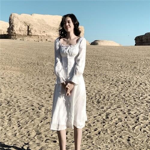 DUISNENA boho dress fairy white vintage lantern long sleeve women dresses high waist slim single-breasted court robe vestides