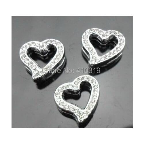 100pcs/lot 8mm Full Rhinestone Hollow Heart Slide Charm