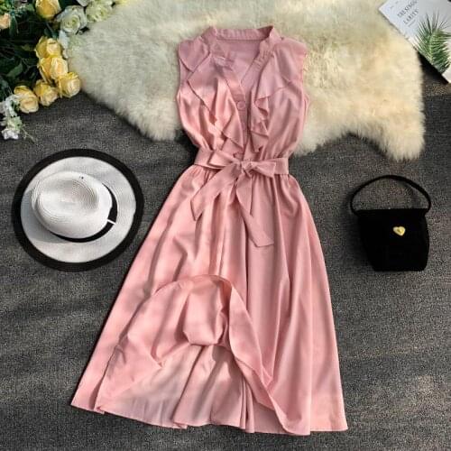 2020 V Neck Ruffle Summer Midi Long Bandage Dress Party Vestido De Festa Women Casual Tank Beach High Waist elegant Sundress