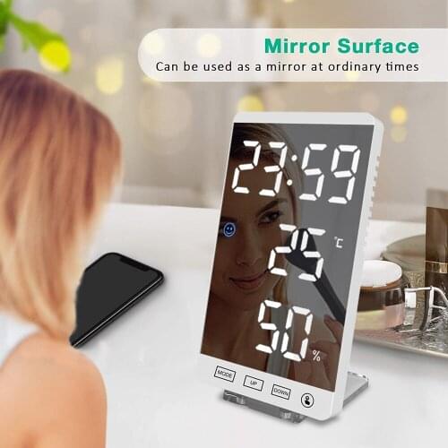 6 Inch LED Mirror Alarm Clock Touch Button Wall Digital Clock Time Temperature Humidity Display USB Output Port Table Clock