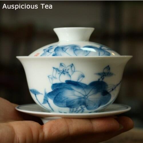 150ml Retro Blue And White Tea Tureen Bowl Handmade Lotus Ceramic Teacup Travel Portable Gaiwan Home Tea Set Chinese Drinkware