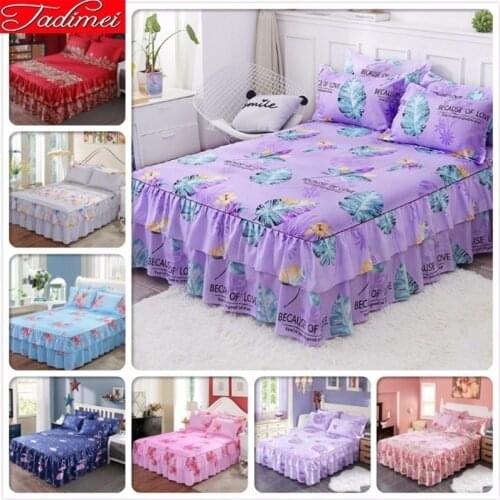 Purple Flower Pattern Bed Skirts Adult Kids Child Girl Bedspread Single Full Twin Double Queen King Size Bed Sheet Cover 180x200
