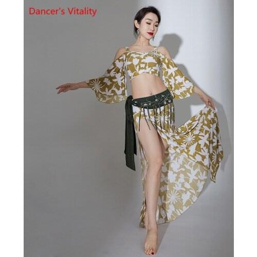 Belly Dance Suit Sling Printing Top Split Skirt Practice Clothes Set Oriental Dancing Female Adult Elegant Performance Clothing