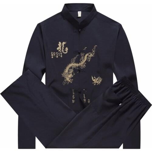 New Chinese Men Cotton Kung Fu Suit Embroidery Wu Shu Uniform Tai Chi Clothing Long Sleeve jacket+Pant M L XL XXL XXXL