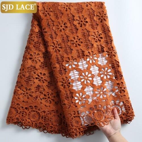 SJD LACE Caramel Water Soluble Nigerian African Lace Fabric With Stones Handcut Guipure Cord Lace For Wedding Material Sew A2269