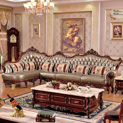 L shaped sofa solid wood carving antique leather sofa living room sofa