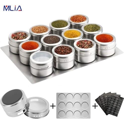 MLIA Magnetic Spice Jars with Spice Labels Stainless Steel Magnetic Spice Tins with Wall Base Magnetic on Refrigerator