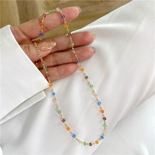 Minar Summer Bohemia Rainbow Square Crystal Chokers Necklaces for Women Girls Gold Chain Beaded Necklace Minimalist Jewelry 2021