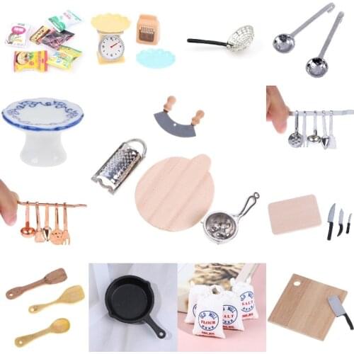 1:12 Dollhouse Mini Kitchen Rag Sponge Wiping Dishwashing Ball Chopping Board Spoon Meat Cleaver Flour Baking Kitchen Acc