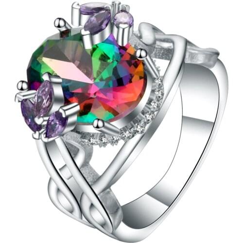 Hainon Fashion Rings for Women Wedding Rainbow Rings Colorful Big CZ Silver color Filled Engagement Rings Jewelry