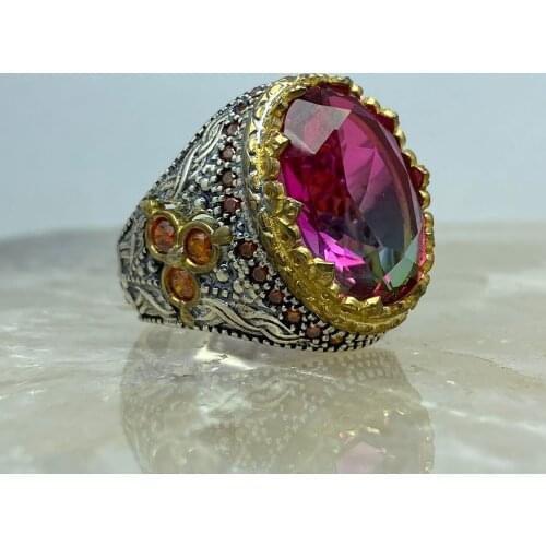 Turkish handmade 925 sterling silver jewelry tourmaline stone mens ring all size