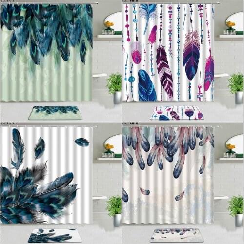 2pcs Dream Feather Shower Curtains Set Bath Mat Bohemian Exotic Peacocks Feathers Print Bathroom Decor Non-slip Carpet With Hook