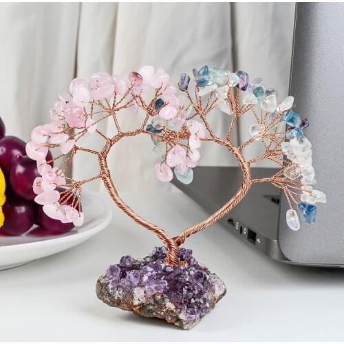 TUMBEELLUWA Natural Crystal Money Tree Amethyst Cluster Base Heart Shaped Reiki Lucky Tree Room Decor DIY Gift