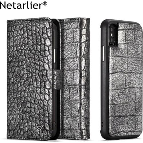 Netarlier vintage crocodile leather flip phone case for iphone X kickstand wallet with card pocket random leather business cover