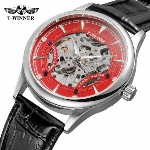 2018 New Hot Sale Skeleton Fashion Mechanical Men Watch Winner Luxury Branded Business Leather Strap Wristwatch CLASSIC RED