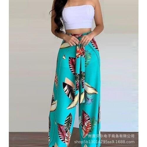 New Printed Trousers Suit, Wide-leg Trousers, Printed Suit Trousers, Womens Favorite Short Tops, High-waist Trousers, 2-piece S