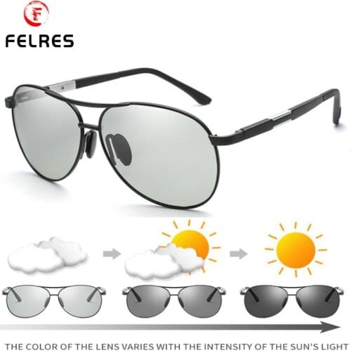 FELRES Mens Metal Frame Photochromic Polarized Sunglasses Full Frame Outdoor Driving Fishing Glasses With Box 6695