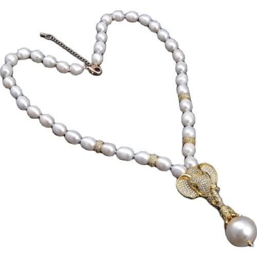 JK 21'' White Rice Pearl Cz Pave Elephant Sea Shell Pearl Pendant Necklace