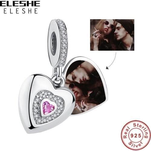 Custom Photo 925 Sterling Silver Zircon Bead Charm Love Heart Pendant Charm Fit Original Bracelet for Women DIY Jewelry