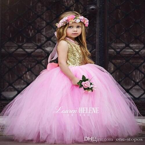 Puffy Pink Tulle Little Girls Pageant Dresses Top Gold Sequin Floor Length Flower Girl Dress Bow Sash Formal Kids Ball Gowns 202