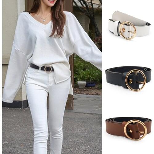 New Women Leather Belt Round Metal Pin Buckle Circle Belts Luxury Designer Brand Waistband Fashion Punk O Ring for Ladies Jeans