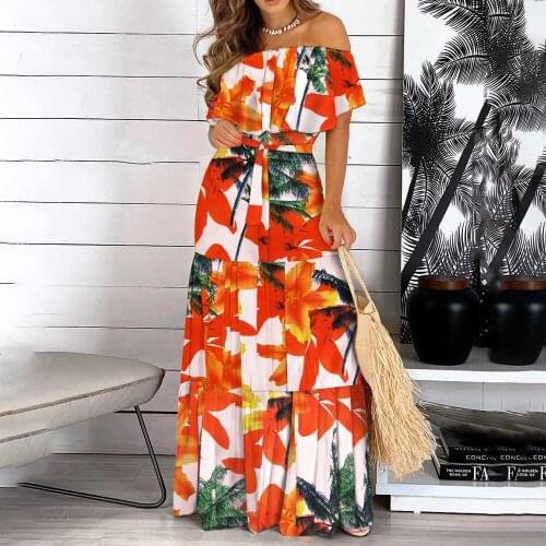 Sexy Off Shoulder Backless Short Sleeve Maxi Dress Women Summer Slash Neck Print Ruffle Pleated Patchwork Lace Up Woman Dresses
