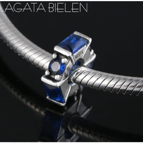 Genuine 925 Sterling Silver Blue Round shape Charms CZ spacer Beads fit Original europeu Charms Bracelet Jewelry making